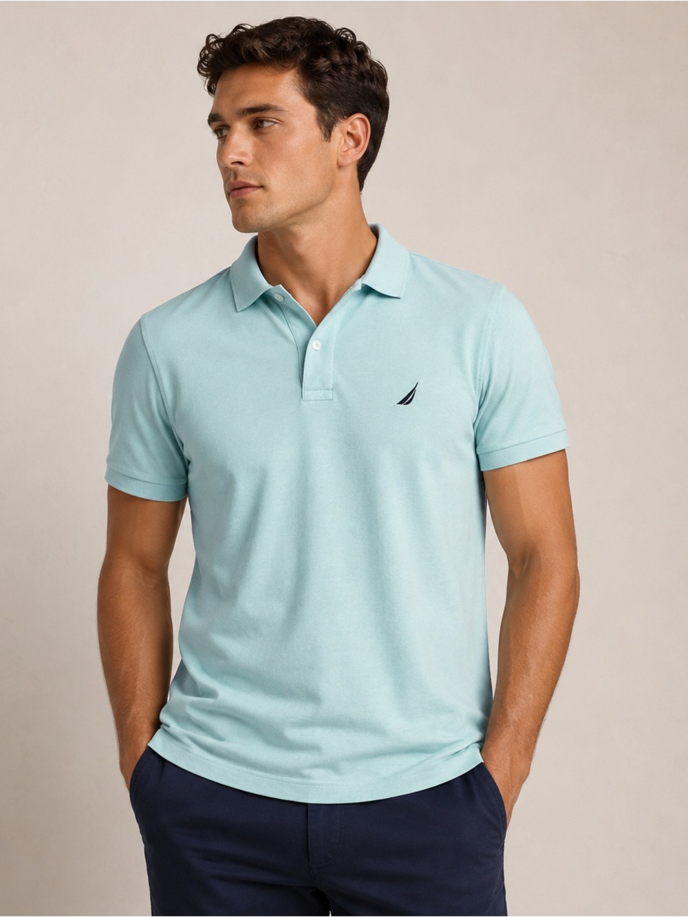 Nautica Men's Light Blue Solid Polo Shirt Embroidered Logo Short Sleeve Size S